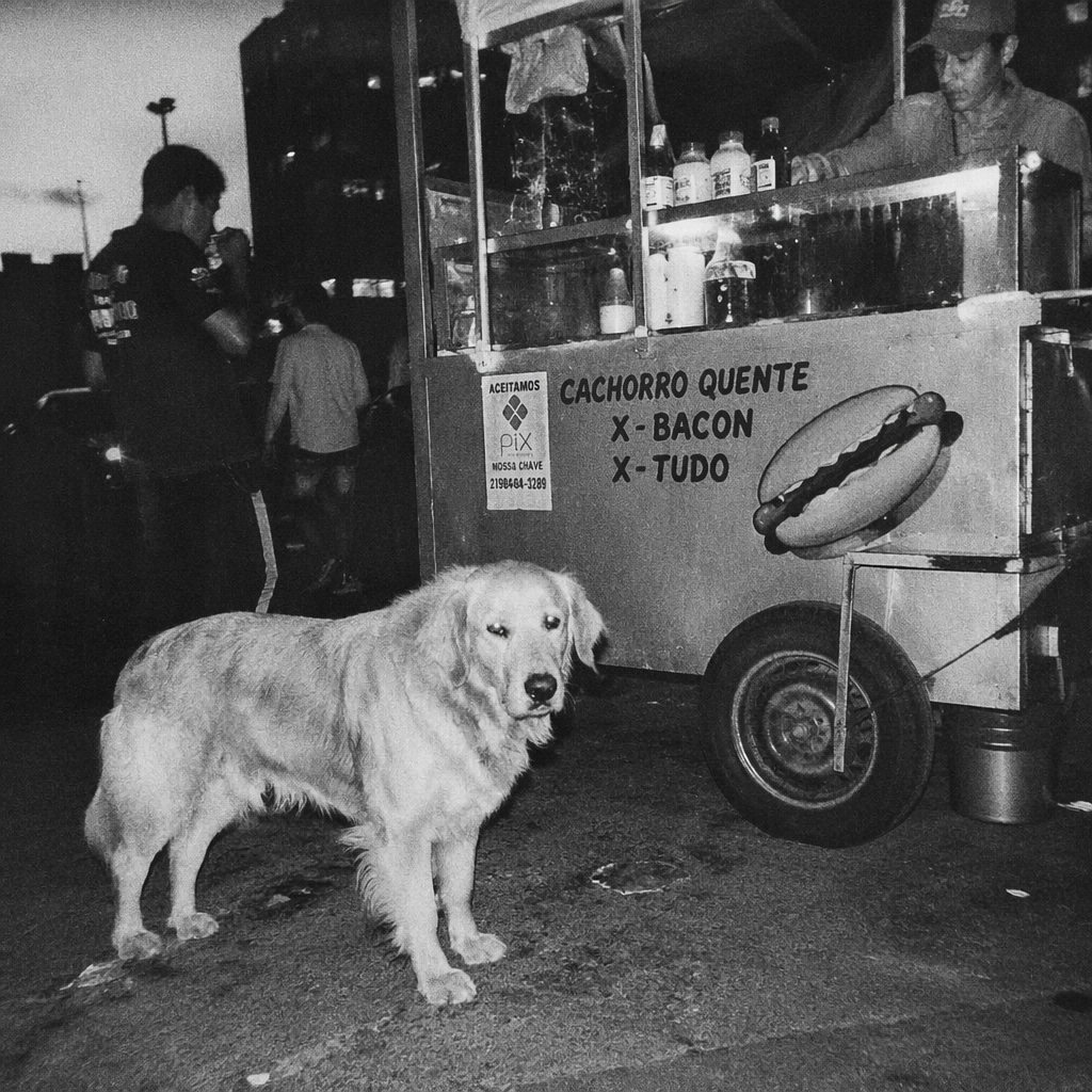 街头小吃车旁的金毛犬